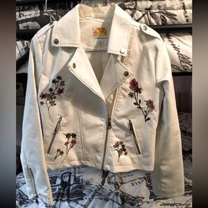 White with Flowers faux leather girls Jacket. Size 14
